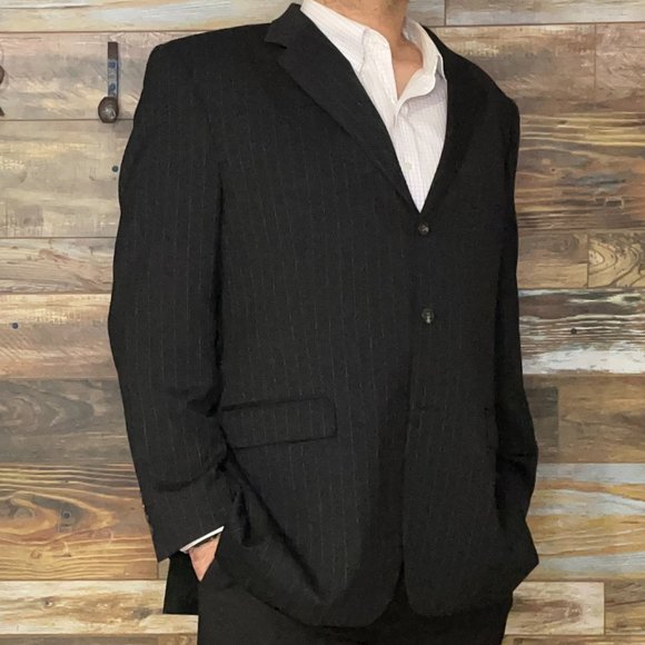 Chaps 100% Wool Black Striped Double Vented Blazer Sport Jacket Size 46L